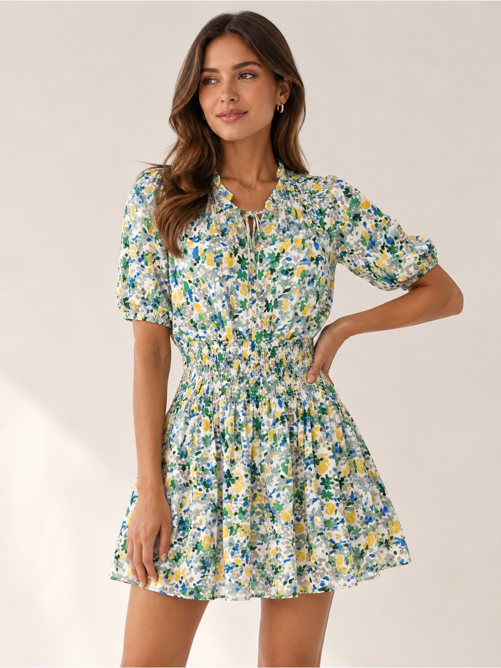 entro Multicolor Floral Smocked Mini Dress in Blue, Green & Yellow